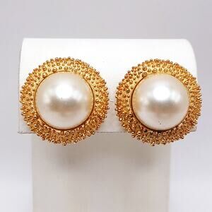 Vintage Crown Trifari Gold Clip Earrings, Brutalist Beaded Design w/ Faux Pearl